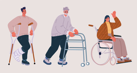 Vector illustration of people with disability, therapy, reabilitation. Man on crunch, woman in wheelchcair, Oldman elderly man using walking frame