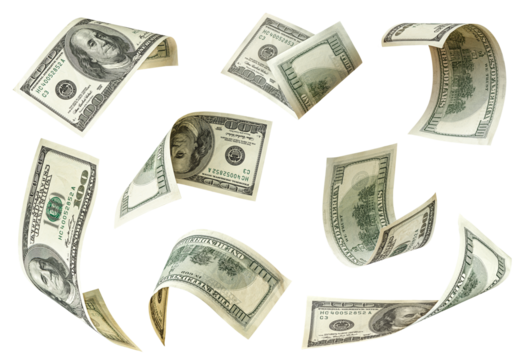 Set of flying one hundred dollars bills isolated