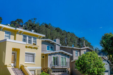 Fototapeta na wymiar Homes with balconies and stairway against blue sky and trees in San Francisco. Facade of houses viewed from the street at a sunny California neighborhood.