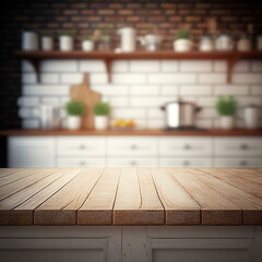 Empty kitchen wooden table front with no objects and kitch. Generate AI