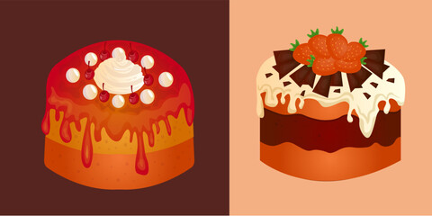 Birthday Cake Set. Birthday Cake Decoration Chocolate, Strawberries, Cherry
