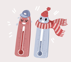 Vector illustration of Hot and cold temperature. Frozen, overheated thermometer