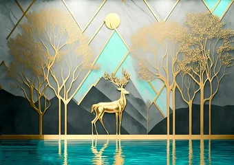 Papier Peint photo Lavable Montagnes 3d modern art mural wallpaper with Drawing modern Landscape art. leaves tree, golden lines, Golden deer and tree in Aqua gray background, golden sun and mountain 