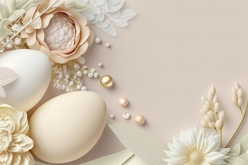 Easter eggs on a beige background with copy space. AI