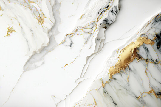 Fototapeta White and gold marble textured background. Abstract design, 4k wallpaper. AI 