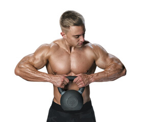Body Kettlebell Workout. Shirtless young athlete with muscular body exercising with kettle bell....