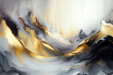 Luxurious abstract gray, white and gold painting. AI