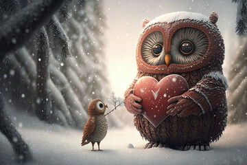 Fantastic creatures, Anthropomorphic animals and Adorable beings celebrating love, tenderness and affection in a magical snowy forest. Valentine's day concept