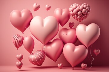 Balloons for Valentine's day in the form of heart, bunch of balloons on pink background Generative AI