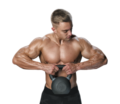 Body Kettlebell Workout. Shirtless young athlete with muscular body exercising with kettle bell. Kettlebell Exercises Build Muscle Healthy Men Concept 