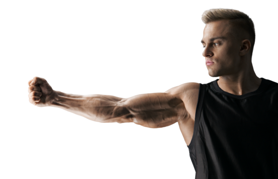 Muscular attractive young man holds outstretched hand in front of him. Muscular arm is tense. Fist.