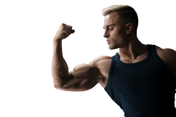 Biceps muscle curl. Classic bodybuilding. Male hand muscle.