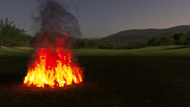 campfire scene at night. a campfire in a field. 3d animation of a campfire in the evening