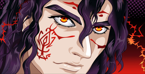 Warrior face with long hair and red eyes.
