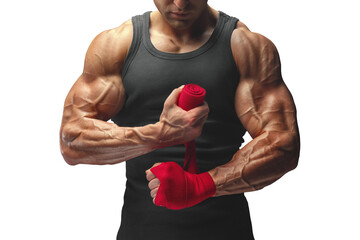 Close-up photo of strong man wrap hands on. Man is wrapping hands with red boxing wraps. 