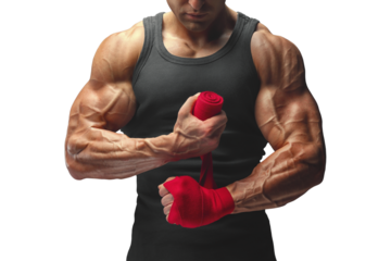 Close-up photo of strong man wrap hands on. Man is wrapping hands with red boxing wraps. 