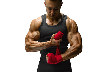 Strong man wrap hands. Man is wrapping hands with red boxing wraps isolated. Strong hands and fist,...