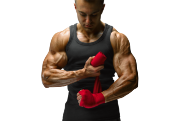Strong man wrap hands. Man is wrapping hands with red boxing wraps isolated. Strong hands and fist, ready for training and active exercise