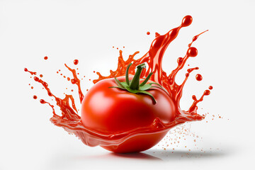 Close up red delicious fresh tomato with splashing tomato juice on white background. Food...