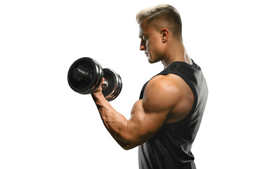 Naklejka na ściany i meble Handsome power athletic man training pumping up bicep muscles with dumbbell. Young male bodybuilder with perfect deltoid muscles, biceps, triceps and chest.