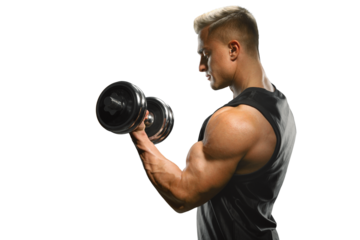 Handsome power athletic man training pumping up bicep muscles with dumbbell. Young male bodybuilder with perfect deltoid muscles, biceps, triceps and chest.