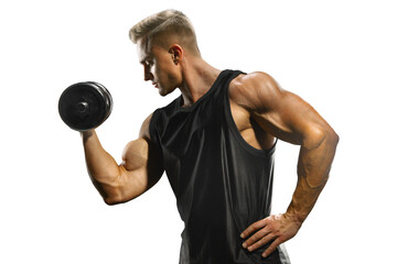 Fototapeta na wymiar Handsome muscular man training pumping up muscles with dumbbell. Strong bodybuilder with perfect deltoid muscles, shoulders, biceps, triceps and chest