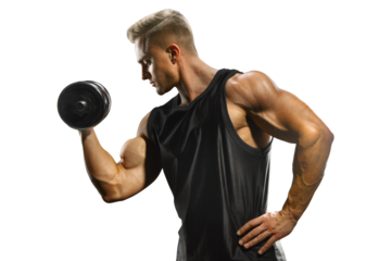 Handsome muscular man training pumping up muscles with dumbbell. Strong bodybuilder with perfect deltoid muscles, shoulders, biceps, triceps and chest