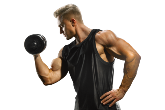 Handsome muscular man training pumping up muscles with dumbbell. Strong bodybuilder with perfect deltoid muscles, shoulders, biceps, triceps and chest - Powered by Adobe