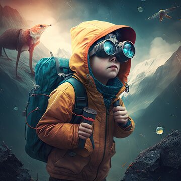 A Little Boy On The Background Of The Mountains Went On A Journey. Non-existent Person, Binoculars, Fox, High Resolution, Illustrations, Art. AI