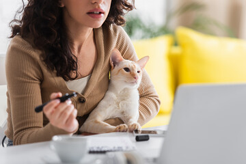 Cropped view of copywriter holding oriental cat and marker near laptop at home.