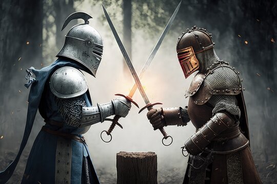 Duel of knights on the background of the forest. Swordsmen, middle ages, fantasy, full set of knightly armor, high resolution, illustrations, art. AI