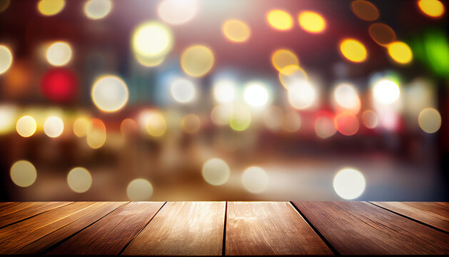 Image of wooden table in front of abstract blurred background of restaurant lights. Generative Ai.