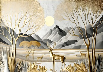 3d mural wallpaper. leaves tree, golden lines, Golden deer and tree in Beige gray background, golden sun and mountain