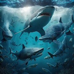 A flock of sharks underwater while hunting. Underwater fauna, exotic and dangerous animals, fish, dark cold tones, wildlife, high resolution, illustrations, art. AI