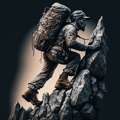 Rock climber on a black background climbs to the top. Extreme sports, non-existent person, mountaineering equipment, high resolution, illustrations, art. AI
