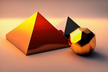 Abstract three-dimensional image of golden pyramids and a spherical structure polyhedron, made with generative AI