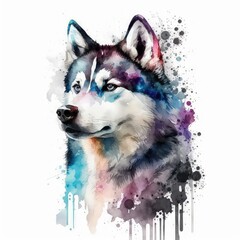 Picture of a husky with blue eyes painted in watercolor on a white background. Lovely pets, high resolution, illustrations, art. AI