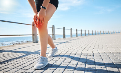 Sports athlete, knee pain or red glow by beach fitness, ocean workout or sea training in healthcare...