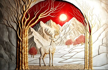 3d mural wallpaper. leaves tree, golden lines, Antique white deer and tree in red background, golden sun and mountain, colorful marble background