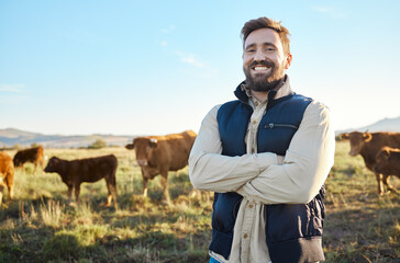 Farming, confidence and cows and portrait of man with smile on field, happy farm in countryside...