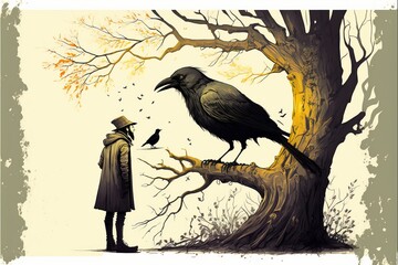 crow on the tree and man
