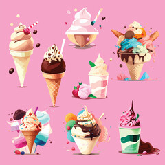 Vector flat ice cream cones, Ice cream planet cartoon style, Sweet dessert illustration
