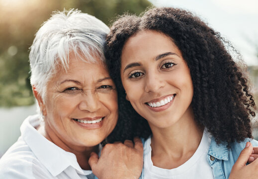 Face Portrait, Happy Family Or Elderly Mother With Daughter Bonding, Relax Or Enjoy Quality Time Together In Backyard. Outdoor, Vacation Love And Senior Mom, Woman Or People In Brazil