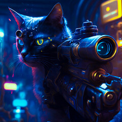 Cyberpunk Cat Holding Gun Neon City Created With Generative AI 1