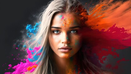 Obraz na płótnie Canvas Beautiful young girl in colorful explosion illustration for Holi holiday generative ai