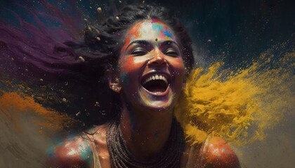 Beautiful Indian woman happy experiencing joy in colorful explosion illustration for Holi holiday generative ai