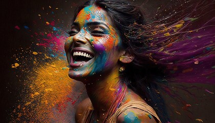 Beautiful Indian woman happy experiencing joy in colorful explosion illustration for Holi holiday generative ai