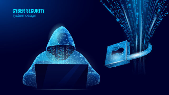 Anonymous hacker at the laptop computer Internet security. Cyber attack business concept low poly. Server polygonal point line design vector illustration
