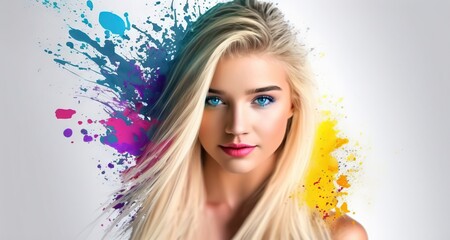 Beautiful blonde in colorful explosion illustration for Holi holiday generative ai