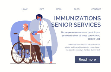 Elderly disabled person in wheelchair came to vaccination. Nurse gives injection in shoulder to patient. Website, template, landing page. Vector illustration. Flat cartoon characters.